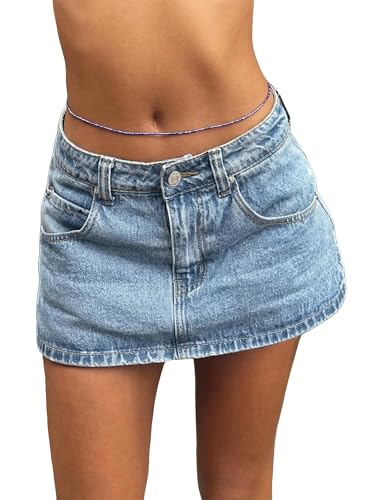 EMMIOL Jeansrock Damen Kurze mit Niedriger Taille Minirock Blau M