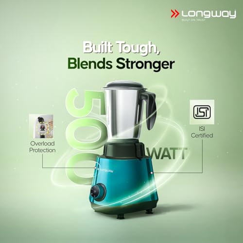 Image of Longway Super Pro Mixer Grinder | 500 Watt Powerful Motor | 3 Jars for Grinding, Mixing, Juicing (Teal & Black, 3 Jars)