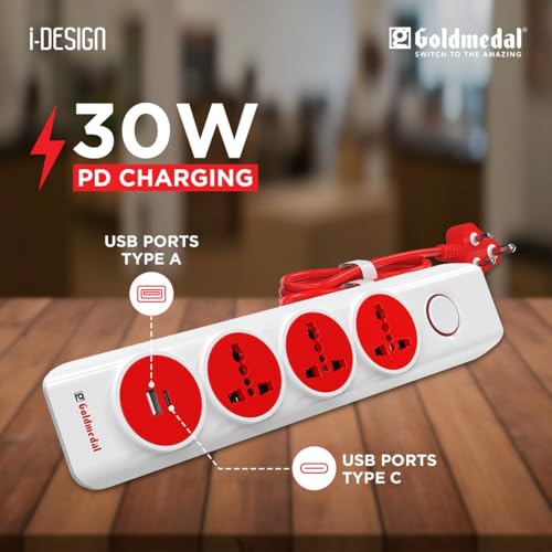 Image of Goldmedal i-Design 4-in-1 Extension Board | 30W PD Fast Charging with Dual USB (A+C) | 2 Meter | 3 Universal Sockets | Multi Plug Power Strip for MacBook, Laptop, iPhone & iPad | White