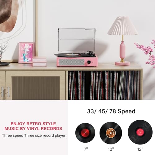 Image of Vinyl Record Player with 2 Stereo Speakers Belt-Driven Vintage Turntables 3 Speed 3 Size Wireless Bluetooth Playback AUX-in RCA Out Headphone LP Vinyl Players Auto Stop Dusty Rose