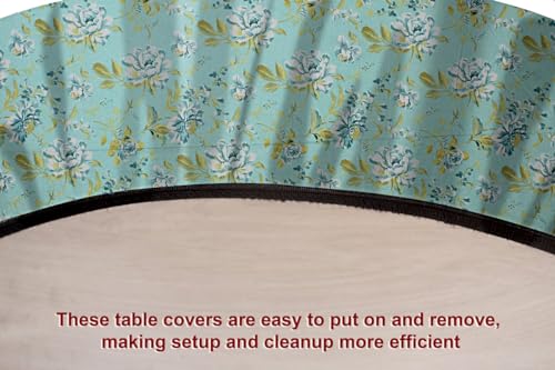 Image of The Furnishing Tree Elastic Cotton Round Center Table Cover 24x24 in Inches Floral Golden Leaf on Blue Base