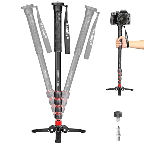 Manbily Extendable Camera Aluminum Monopod com pés,Portable Travel Monopod with Removable Tripod Stand Base for DSLR Canon Nikon Sony Video Camcorder,5 Sections up to 67-in,Max Load 15.5 Lbs（A-222）