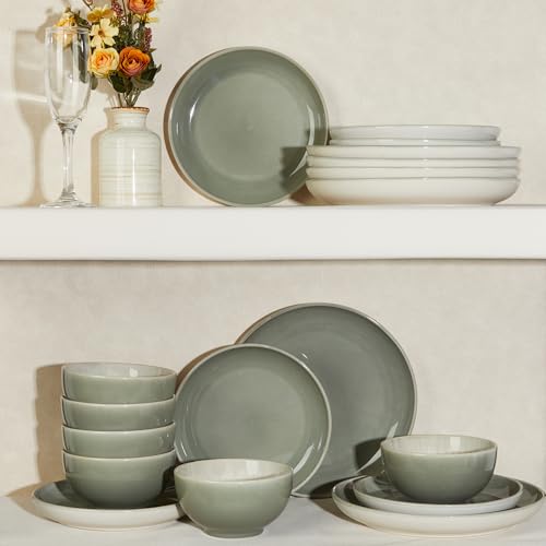Image of Pokini Stoneware Dinnerware Sets for 6, Microwave Safe Plate and Bowl Set, Easy to Clean & Durable Dishes Sets for Small to Medium Families, Gray Green