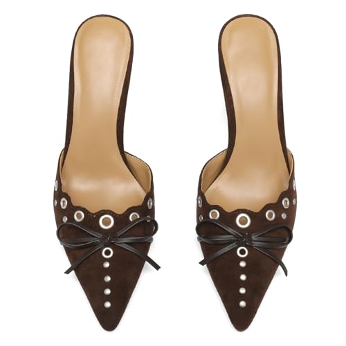 Heeled Mules for Women Pointed Toe Suede Heels Bow Tie Slip On Pumps4