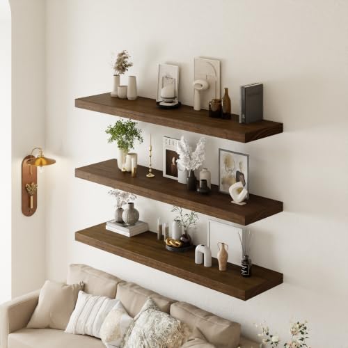 Image of 48 inch Extra Deep Floating Shelves, Set of 3, Walnut Wood | 48 inchL x 12 inchD x 1.8 inchH, Set of 3, Solid Paulownia Wood, Walnut Finish, Hidden Brackets, Hardware Included