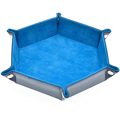 Folding Hexagon Dice Tray Leather and Velvet Dice Holder for DND Dice Game Table Games (Blue)