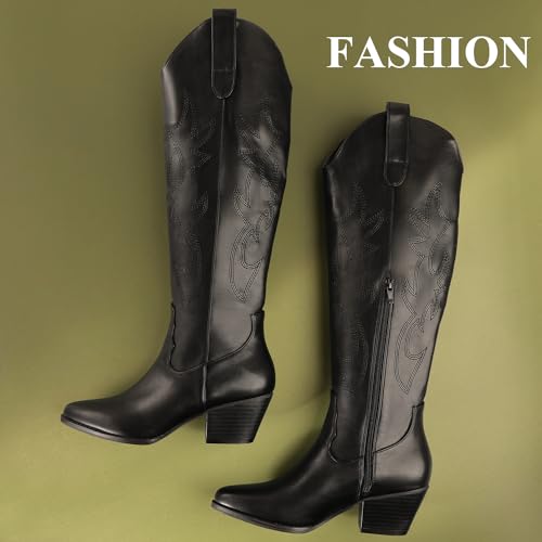 Black White Red Cowboy Boots for Women, Comfortable Low Heel Embroidered Cowgirl Boots
