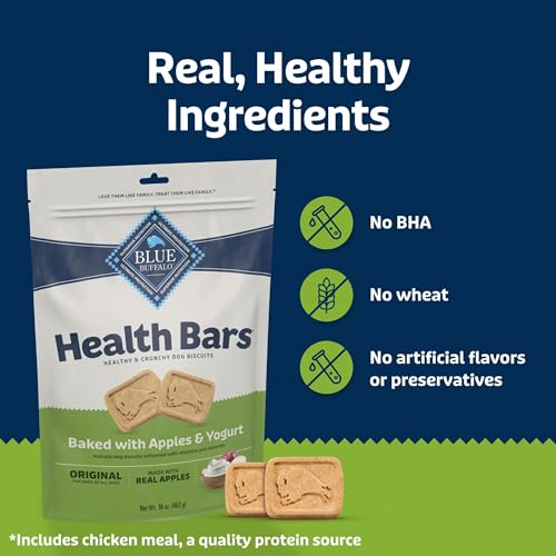 Image of Blue Buffalo Health Bars Mini Crunchy Dog Biscuits, Oven-Baked with Natural Ingredients, Apples & Yogurt, 16-oz Bag (Pack of 4)