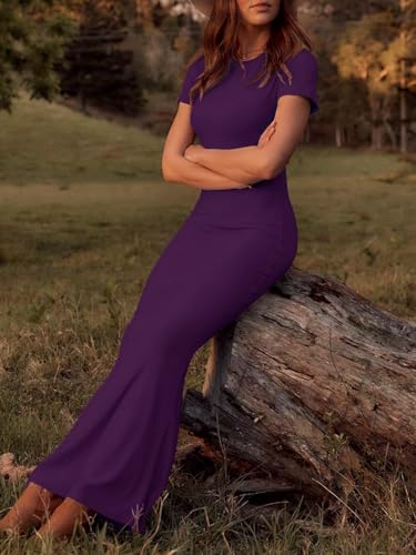Image of Womens Summer Short Sleeve Square Neck Elegant Casual Lounge Bodycon Slim Maxi Evening Party Long Dress