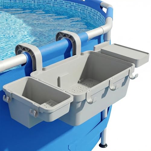 2026 Upgrade Poolside Storage Basket with Cup Holder Poolside Organizer for Pool Toys Towels Beverages Pool Accessories for Most Frame Above Ground Swimming Pools 5 Multifunctional Hooks Grey