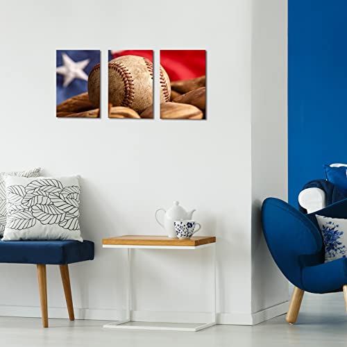 Baseball Canvas Wall Art Rugby Sports Poster Abstract Art Pictures Vintage Painting Canvas Prints Framed Ready To Hang Artwork For Kids Room Living Room Bedroom Wall Decor (12"X16"X3Pcs, Baseball) #TOP1