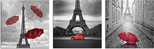 Nan Wind 3 Pcs Red Paris Wall Art Canvas Prints Black And White With Red Umbrella Eiffel Tower Decor Red Car Wall Art Paris Wall Photo Paintings Stretched And Framed Ready To Hang For Home Decor #TOP1
