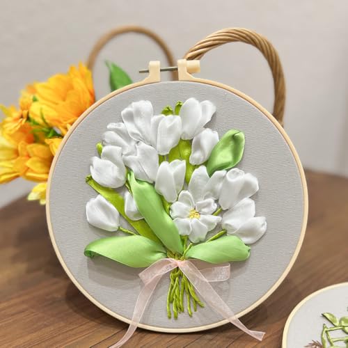 Image of FONNUY Ribbon Embroidery 3D Flowers Pattern Design Kit Embroidery DIY Handwork Set Oval Home Decoration (White Tulip)