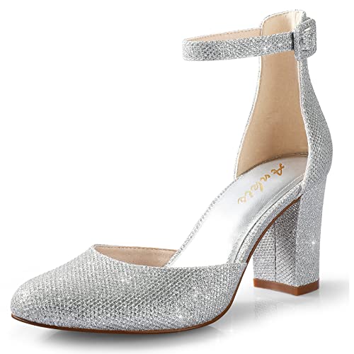 Image of Ankis Silver Glitter 3 Inch Block Heel Pumps for Women - Comfortable Closed Toe Chunky Heels, Perfect for Wedding & Formal Occasions