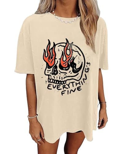 Everything is Fine Shirt Women Halloween Shirts Trendy Oversized T Shirt Vintage Skeleton Graphic Tees Rock Hippie Top