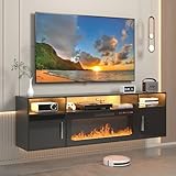 70' Floating TV Stand With 36' Fireplace - Wall Mounted Entertainment Center for Living Room, Black Electric Media Console for Up to 80' TVs