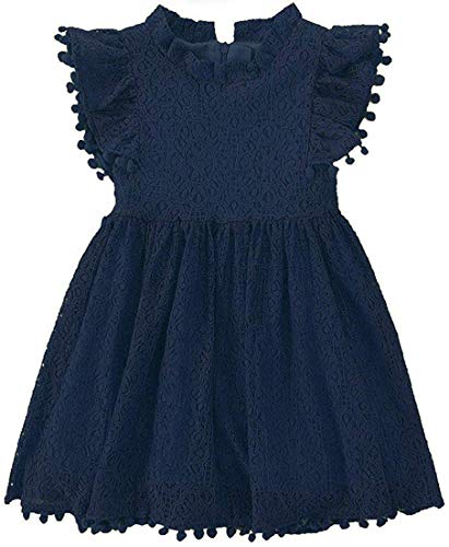 BGIRNUK Toddler Girls Hollow Lace Dress Pom Pom Flutter Sleeve Princess Party Dresses 521 Navy 100