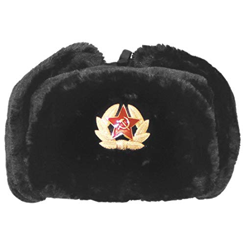 Chapeau de trappeur russe avec badge en fausse fourrure pour adulte - Noir - Taille unique