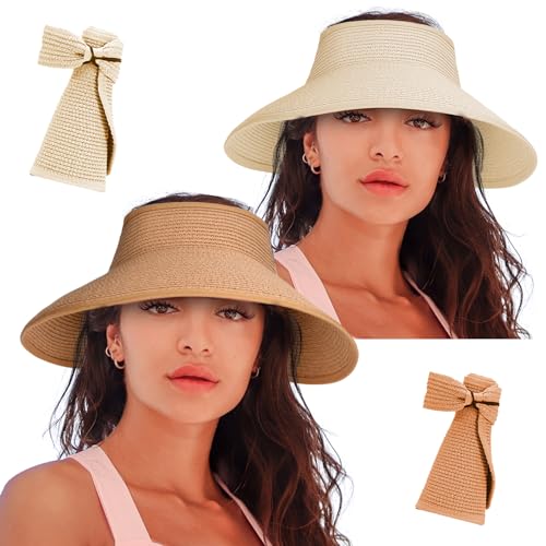 Image of Summer Straw Beach Sun Visor Ponytail Hats for Women Foldable Floppy