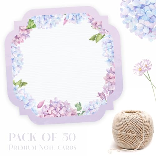 Image of Note Card Gift Tags in a beautiful Purple Hydrangea Floral Design. Pack of 50 Gift Cards for attaching to gifts and cake boxes