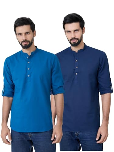 Image of See Designs Men's Roll-Up Sleeve Mandarin Collar Cotton Solid Short Kurta (Pack of 2) - Festive Collection
