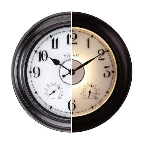 CLXEAST 24 Inch LED Self-Illuminated Outdoor Metal Clocks Waterproof Large Lighted Outdoor Clock with Temperature and Humidity Oil Rubbed Bronze Black Spring Garden Decor