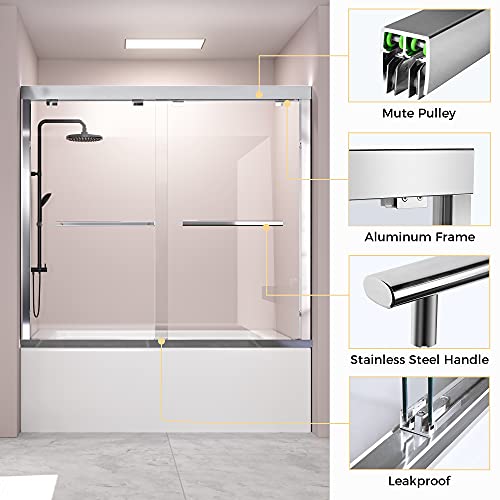 DELAVIN 56-59 in. Frameless Sliding Tub Door, Shower Door, Bypass Bathtub Door, Tub Shower Door, SGCC Tempered Glass Door with Explosion-Proof Film, Stainless Steel, Aluminum