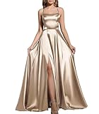 MisShow Women's Satin Bridesmaid Dresses Long Side Slit Spaghetti Straps Prom Gown 2025 Elegant Classy Long Formal Dresses Anniversary Dress Champagne S