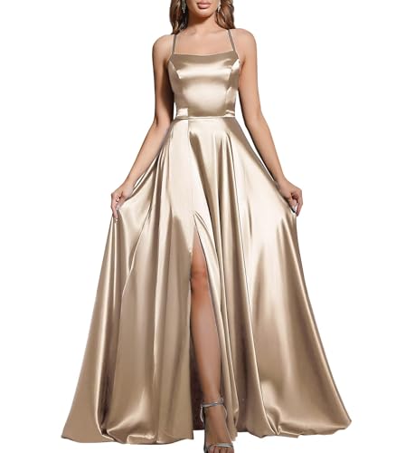 Image of MisShow Champagne Bridesmaid Dresses Side Slit SatinLong Formal Evening Dresses Evening Prom Gown for Women Anniversary L