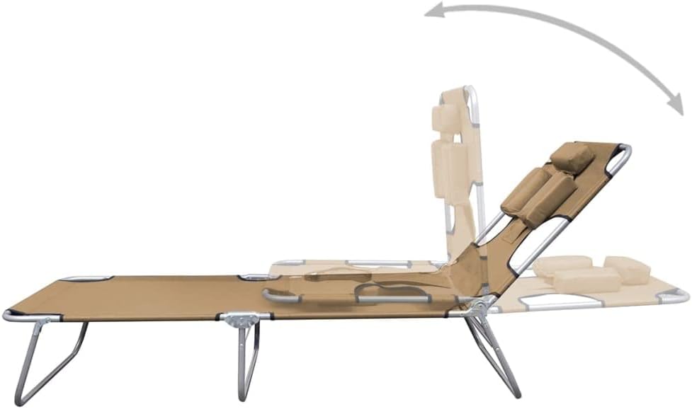 Folding Sun Lounger, Lounge Chair with Steel Frame,for Beach, Yard, Pool and Patio, with Canopy Steel Gray (Taupe+Head Cushion 74.4" x 22.8" x 10.6" (L x W x H))