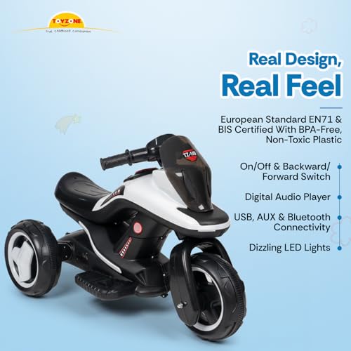 Image of Toyzone Ralph Electric Bike (White) | 6V Rechargeable Bike with 4.5 AH Battery | Music Player with Bluetooth, USB & AUX | 6 Months Battery Warranty | Made in India | for Kids 2-8 Years, Upto 35 Kgs