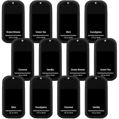 Image of 12 Pack Mist Hand Sanitizer Spray Keychain Cute Mini Hand Sanitizer Travel Size Bulk 1oz Scent Moisturizing Back to School Teacher Gift Classroom Variety Pack for Gym Purse Backpack(Black,Modern)