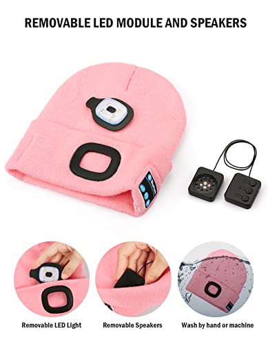 Image of Wmcaps Bluetooth Beanie with a Light, Unisex USB Rechargeable 4 LED Fashlight Hat with Cordless Headphones, Unique Christmas Birthday Gifts for Men Him Husband Teen Pink