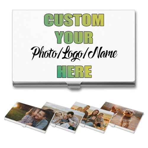 Personalized Business Card Holder with Photo, Custom Aluminum Bussiness Card Case Design Your Own Name Text Logo Slim Portable Business Card Wallet Meaningful Gift for Dad Mom Colleague, White
