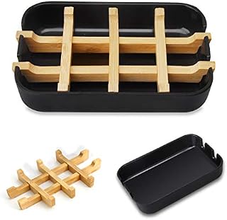 MOLEDA Bamboo Wooden Soap Dish, Hand Bar Sink Soap Saver Holder, Drainable Soap Storage Box for Bathroom Shower Kitchen, Eco Friendly Portable Square Soap Dish Drainer Soap Basket for Travel (Black)