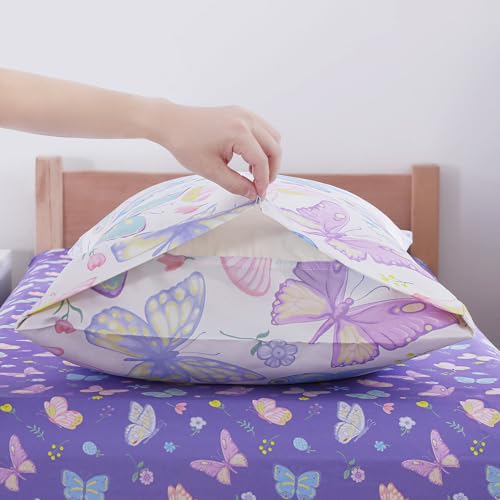 Image of Viviland Toddler Comforter Sets, 4 Pieces Bedding Sets, Colorful Butterfly | Microfiber Colorful Bed Set, Girls, Breathable & Soft, Comforter, Bed Sheet, Fitted Sheet and Pillowcase, Machine Washable