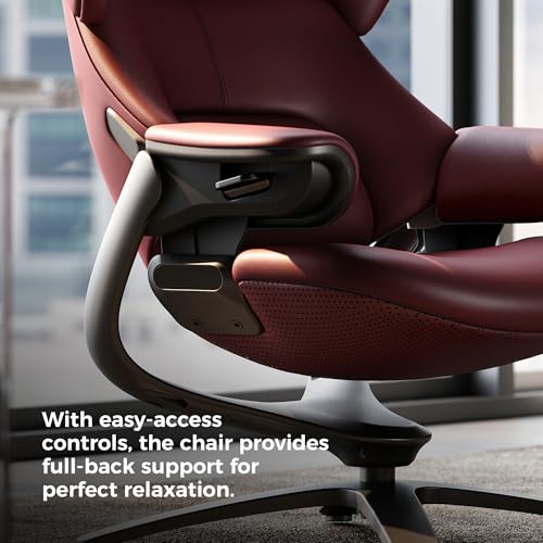 Image of TOMU Genuine Leather Reclining Swivel Chair with Adjustable Headrest and Ottoman for Living Room, Executive Office, Bedroom and Study. Real Leather Luxury Recliner for Reading and Relax (Red)