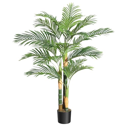 5 ft Tall Triple Golden Cane Palm Artificial Tree, Large Tropical Palm Tree, PE Material & UV Resistant Fake Plant in Pot for Indoor Outdoor Home Deco