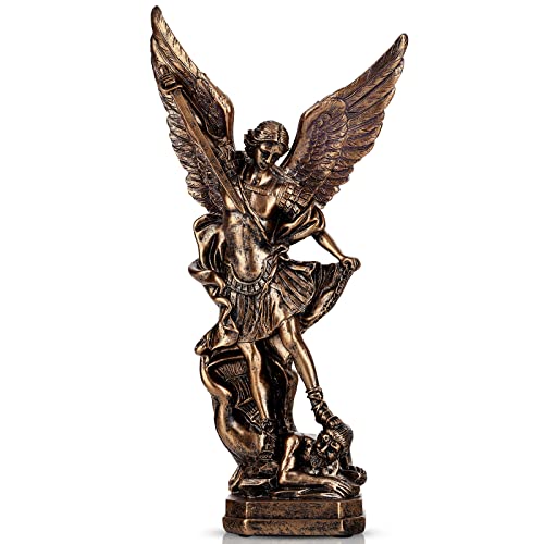 Estatua del Arcángel Miguel de 31,8 cm con aspecto de bronce – Figura de San Miguel Arcángel de resina sintética – Figura clásica de ángel para colección – Figura católica de ángel para colección y