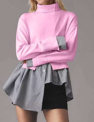 Image of MISSACTIVER Women Slit Turtleneck Patchwork Sweater 2 in 1 Buttons Down Pullover Knit Sweater Asymmetrical Hem Shirt Top