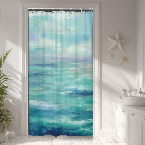 Cinbloo Abstract Blue Ocean 36Wx72H Shower Curtain Small Stall Beach Sea Teal Oil Painting Modern Sky Sea Wave Scenery Seaside Hawaii Nature Bathroom Curtain Set Summer Bath Bathroom Accessories Decor