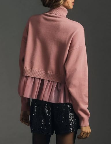 MISSACTIVER Women’s Turtleneck Patchwork Peplum Sweater Cute Flowy Ruffle Hem Babydoll Knit Pullover Sweater Fall Outfit4