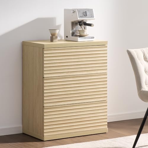 Image of SICOTAS Sideboard Buffet Cabinet with Storage, Modern Credenza Storage Cabinet with 3 Larger Drawers, Fluted Media Console Mid Century Coffee Bar Table for Dining Room, Hallway, Coastal Oak