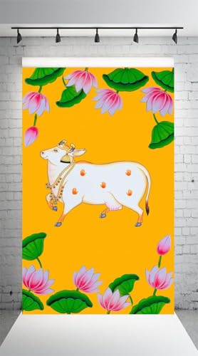 Image of Dhara Yellow Dhenu Cow Left Backdrop Cloth - 5ft x 8ft for Ganesh Chaturthi, Satyanarayan Pooja, Annaprassana. Washable Fabric
