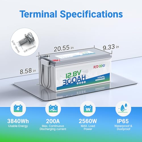 Image of Redodo LiFePO4 Battery 12V 300Ah, Max. 2560W Power Output, Built in 200A BMS, 4000-15000 Deep Cycles & 10-Year Lifetime, Perfect for RV, Marine, Trolling Motor, Solar Off-Grid System