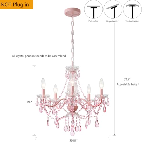 AMZASA Modern Crystal Pink Chandelier, Not Acrylic Crystal,Pink Crystals Hanging Pendant Light for Girls Room,Ceiling Medallions, Farmhouse Glass Chandelier for Wedding, Kitchen, Dining,Foyer,Island - Image 2