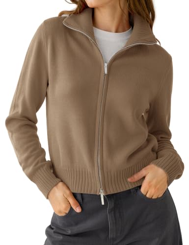 LOMON LOMON Zip Up Cardigan Sweaters for Women, Open Front Cropped Knit Jacket