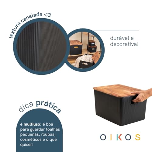 Oikos - Caixa Organizadora 23L com Tampa de Madeira Acácia Preta