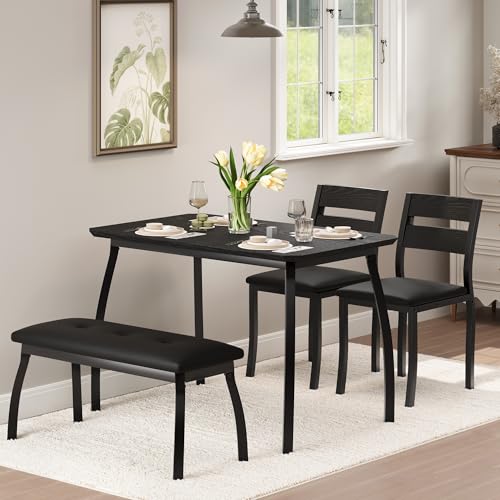 GarveeHome Dining Table Set for 4, Sturdy Wooden Kitchen Table with Chamfer Design and Metal Legs, Upholstered Bench & 2 Classic Dinner Chairs, Kitchen and Dining Set for Home Dinner, Party, Black