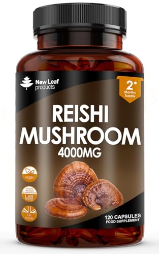 Reishi Mushroom Capsules - High Strength 4000mg Mushroom Supplements - 120 Vegan Mushroom Powder Capsules - Reishi Supplement 100% from the Fruiting Body Made in UK by New Leaf